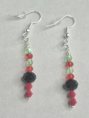 Festive Red, Green & Black Beaded Drop Earrings